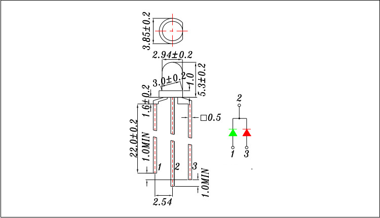 广东3mm红绿双色led灯珠发光二极管封装尺寸图纸
