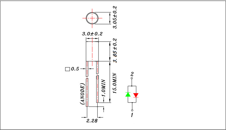 3mm平头红绿双色两脚led灯珠发光二极管封装尺寸图纸