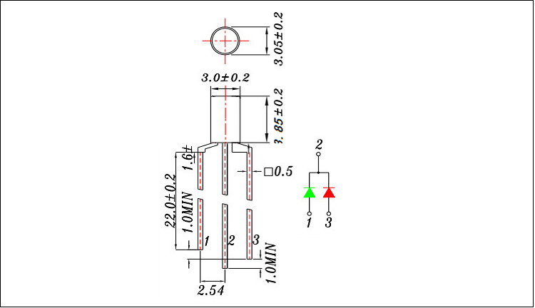 福建3mm平头直插共阳极双色led灯珠高亮发光二极管封装尺寸图纸