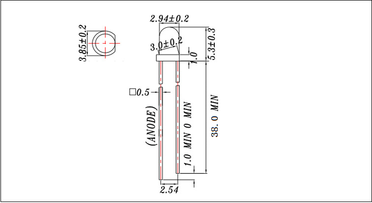 东莞3mm插件红色led灯珠加长脚发光二极管封装尺寸图纸