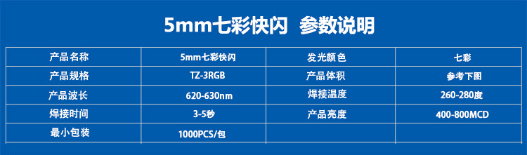 江苏厂家供应5mm七彩慢闪led灯珠发光二极管的电压、波长、亮度等属性参数