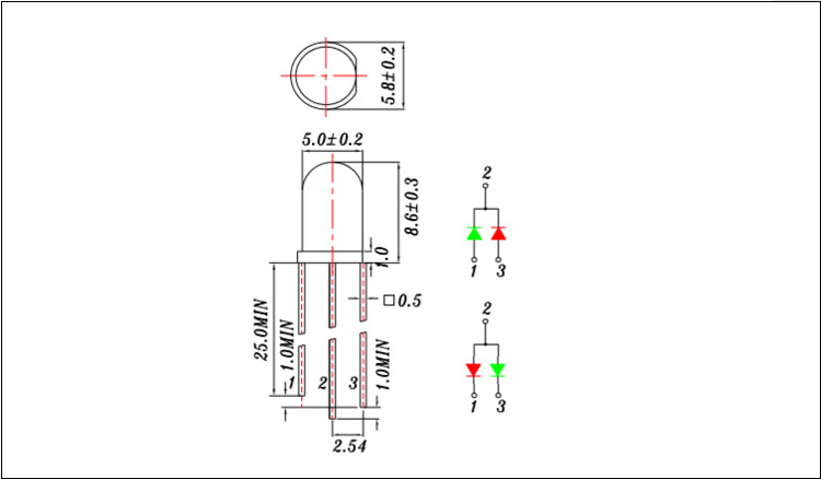 东莞5mm红绿双色三脚共阳极led灯珠发光二极管封装尺寸图纸