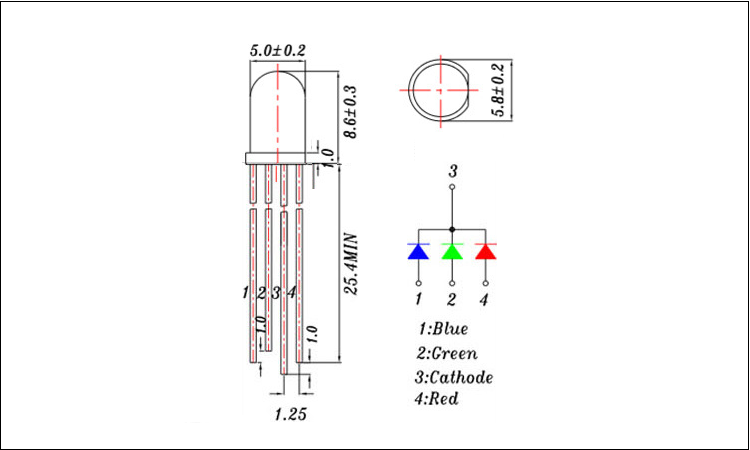 深圳5mm rgb全彩led灯珠共阳封装尺寸图纸