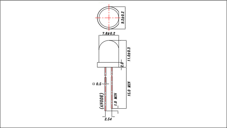 8mm红光led直插灯珠发光二极管封装尺寸图纸