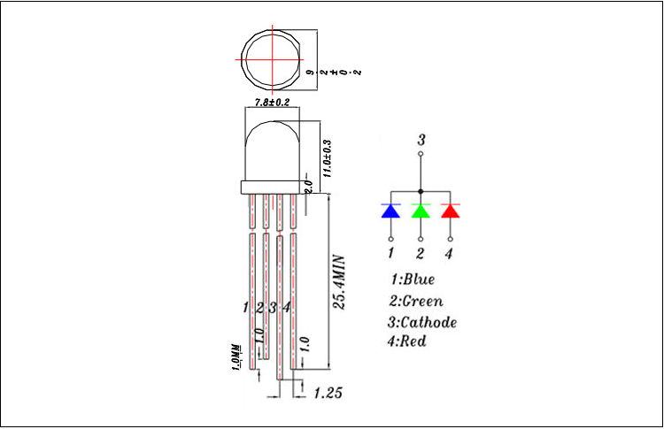 深圳f8rgb全彩led直插灯珠封装尺寸图纸