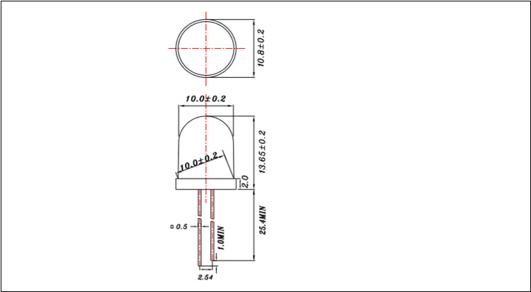 江苏10mm圆头高亮白光led灯珠发光二极管封装尺寸图纸