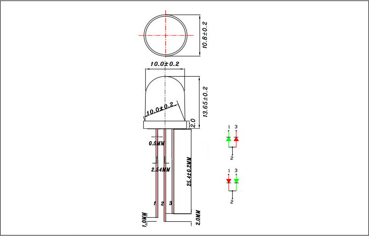 山东10mm直插红绿双色led发光二极管封装尺寸图纸