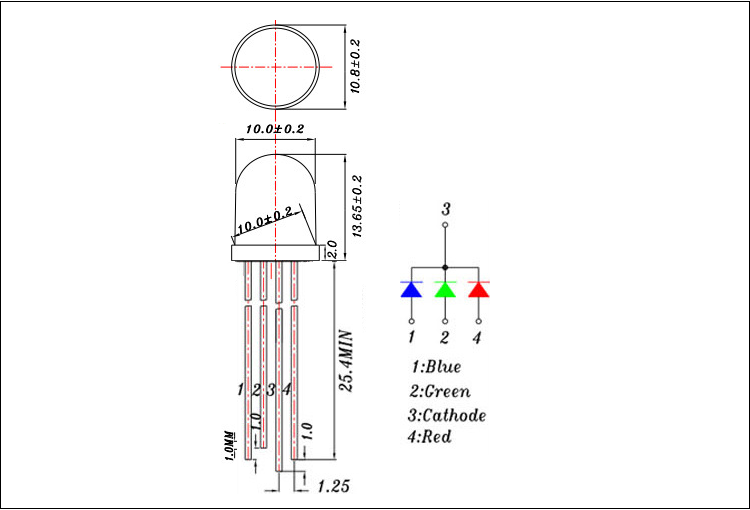 浙江10mmrgb led四脚全彩发光二极管封装尺寸图纸