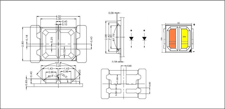 东莞2835双杯双色温led贴片灯珠封装尺寸图纸