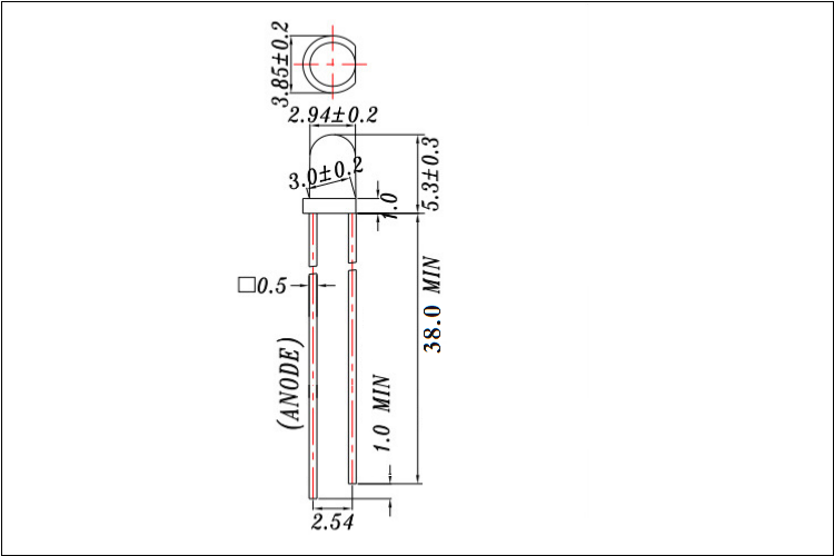 东莞3mm圆头有边加长脚红发红色led灯珠发光二极管封装尺寸图纸
