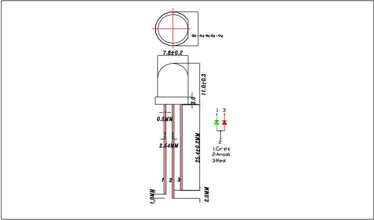 浙江8mm圆头透明红绿双色led灯珠发光二极管封装尺寸图纸