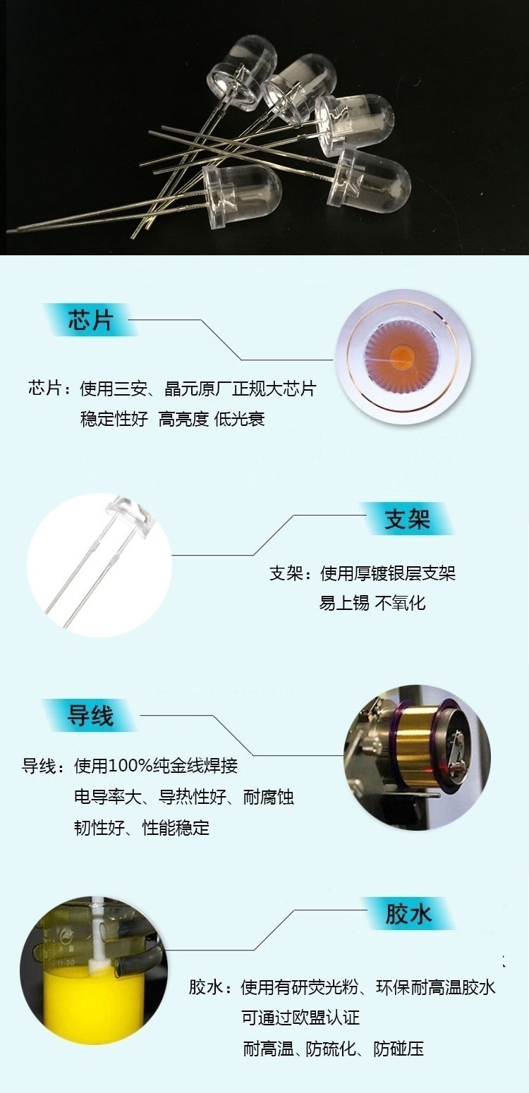 浙江8mm圆头单色led直插灯珠发光二极管生产工艺