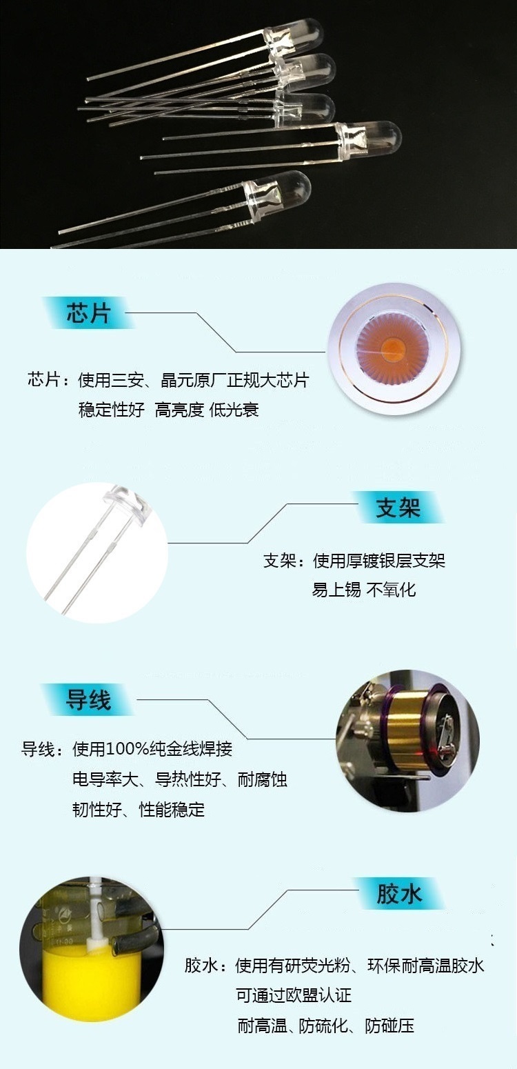 5MM圆头透明双色led灯珠生产工艺