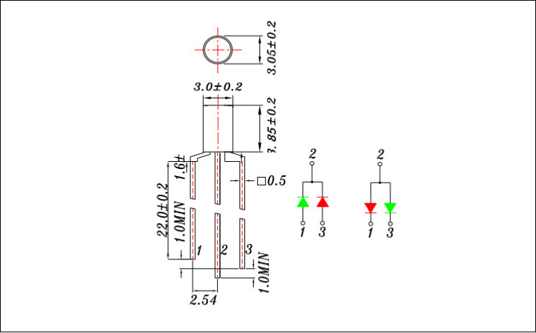 广东3mm平头三脚红绿双色插件led灯珠封装尺寸图纸