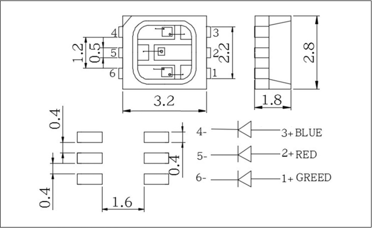 深圳3528六脚rgb led贴片灯珠封装尺寸图纸