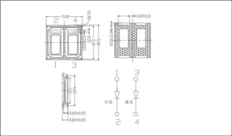 广州5050蓝白双色led贴片灯珠封装尺寸图纸