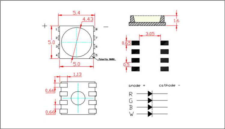 浙江5050rgbw led四合一贴片灯珠封装尺寸图纸