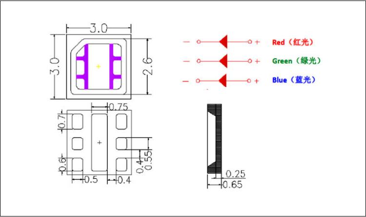 深圳3030rgb led贴片灯珠6脚封装尺寸图纸