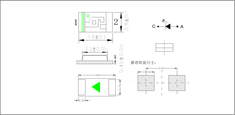 深圳led贴片灯珠0603正面发光单色封装尺寸图纸