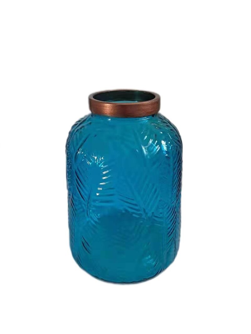 Embossed Pattern Glass Vase With Copper Mouth