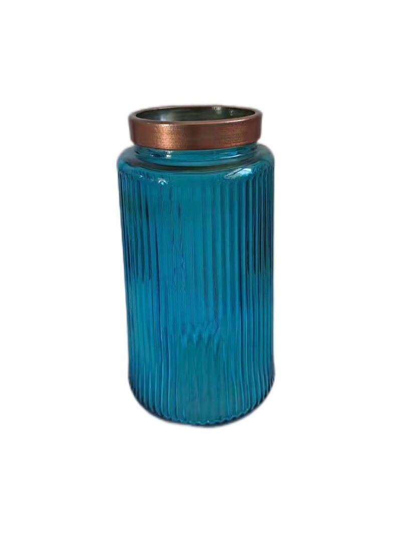 Blue Glass Vase With Copper Mouth