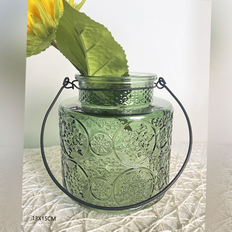 Wholesale Home Decoration Small glass vase with metal handle