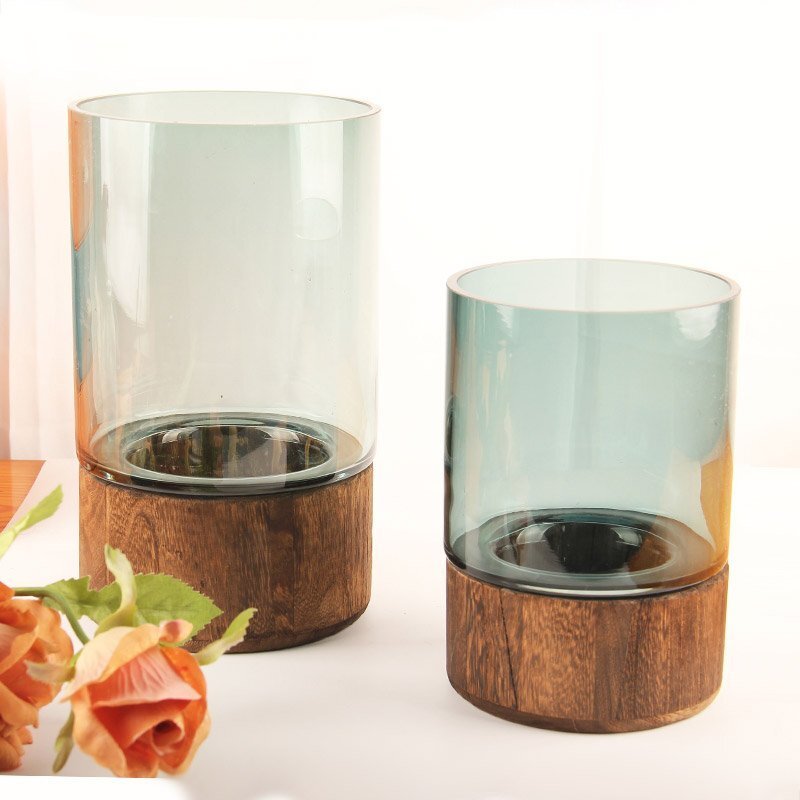 Wholesale Modern Glass Vase with Wood Base for Decoration