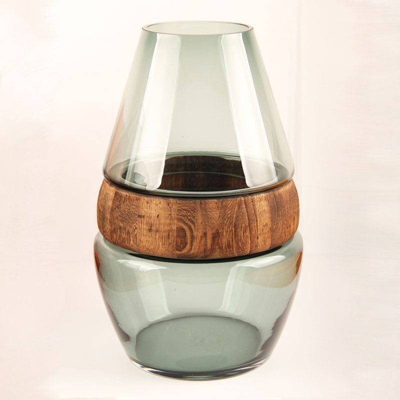 Glass Vase with Shape of Cylinder, Wood Decoration