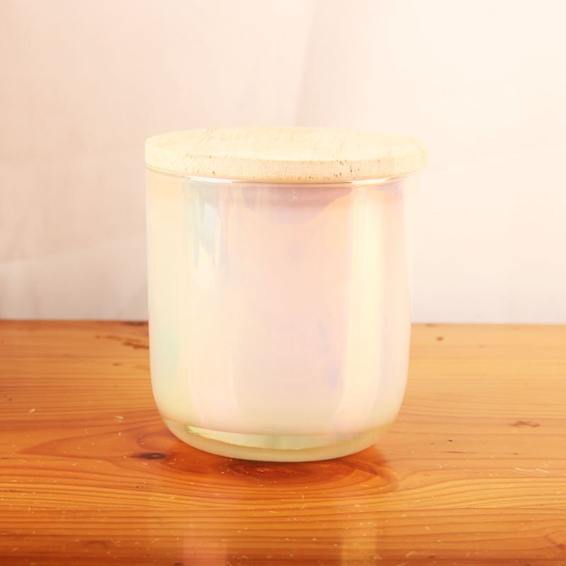 Hot Selling Pearly Luster Glass Candle Holder with Wood Lid Glass Candle Jar