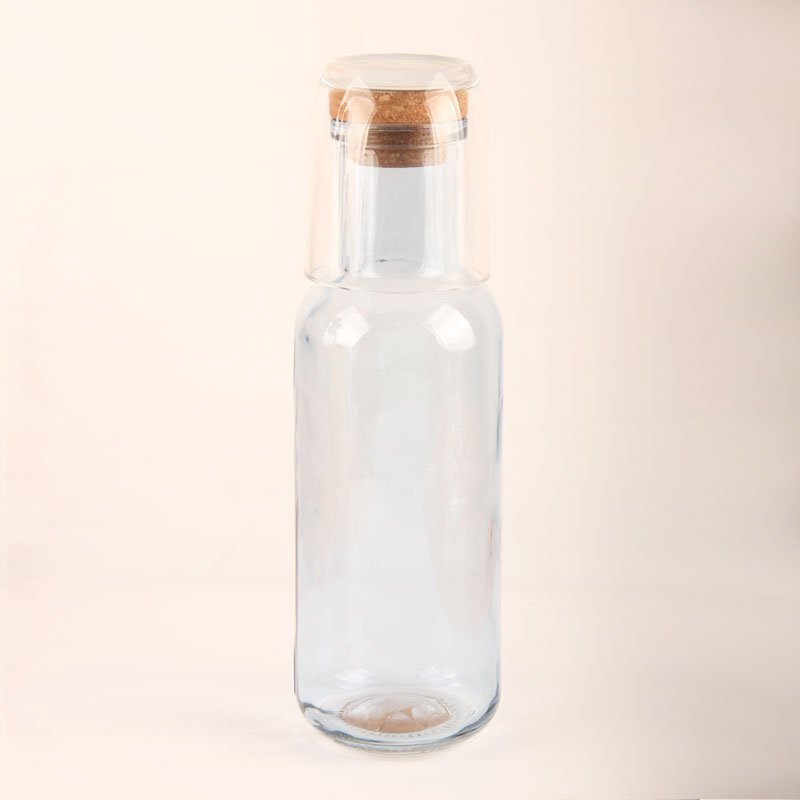 Glass water bottle with cork and glass cup