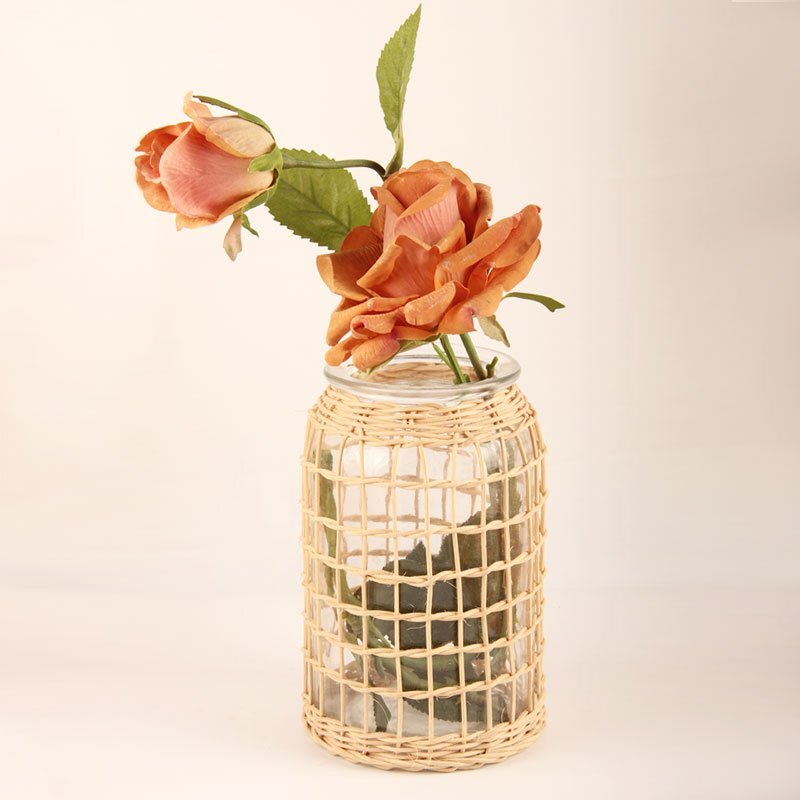 Wicker Wrapped Glass Vase for Home Decoration