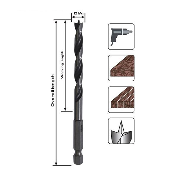 Hex shank wood working drill